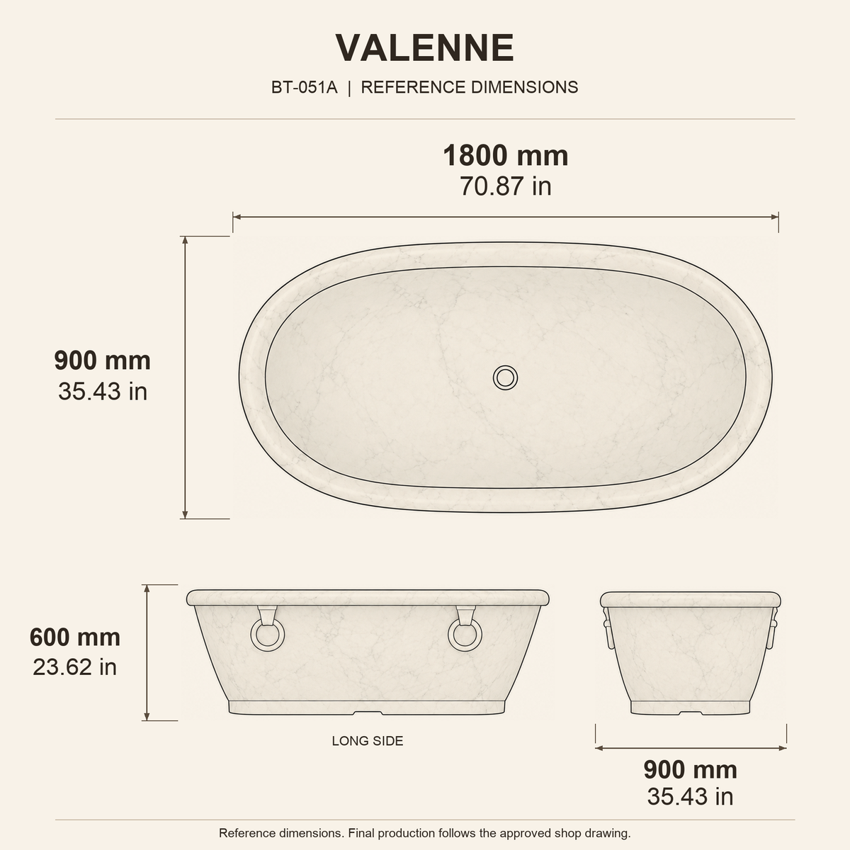 Valenne Rolled-Rim Freestanding Soaking Bathtub – Italian Carrara White Marble reference dimension drawing with top, long-side and short-end views, measurements in millimetres and inches.