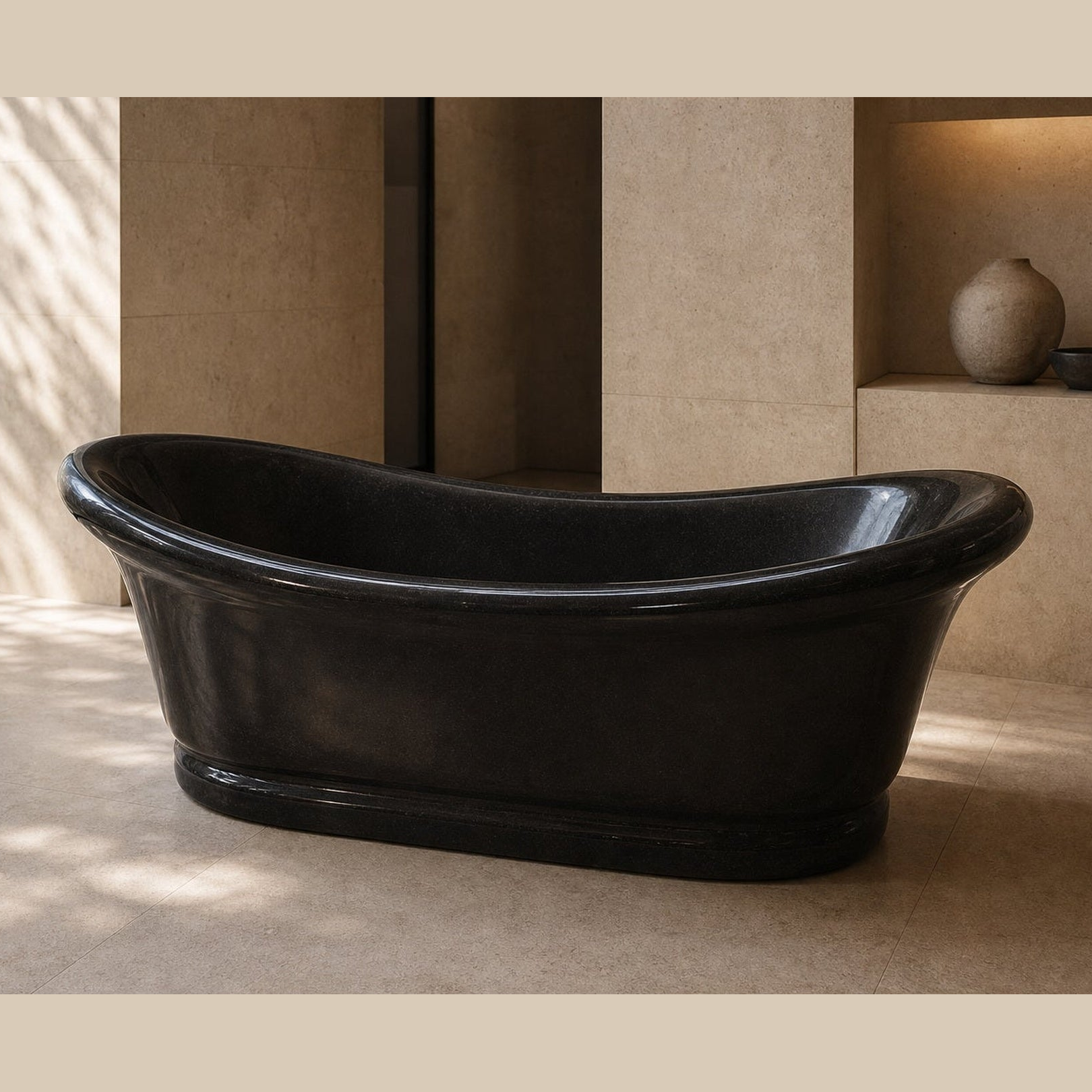 Vallora BT-037A Absolute Black Granite bathtub, complete styled bathroom view 1; original silhouette and finish preserved