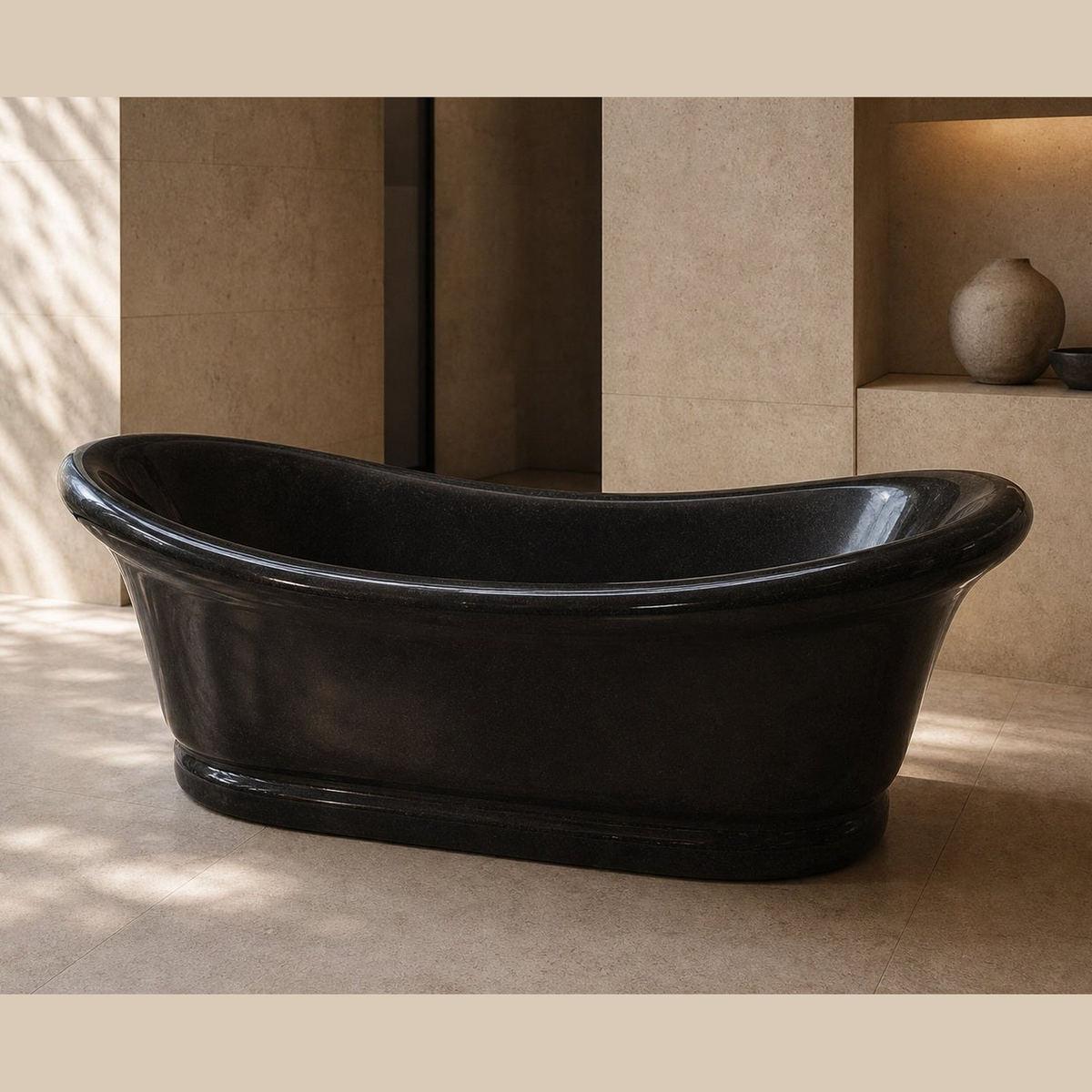 Vallora BT-037A Absolute Black Granite bathtub, complete styled bathroom view 1; original silhouette and finish preserved