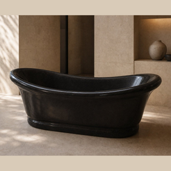 Vallora BT-037A Absolute Black Granite bathtub, complete styled bathroom view 1; original silhouette and finish preserved