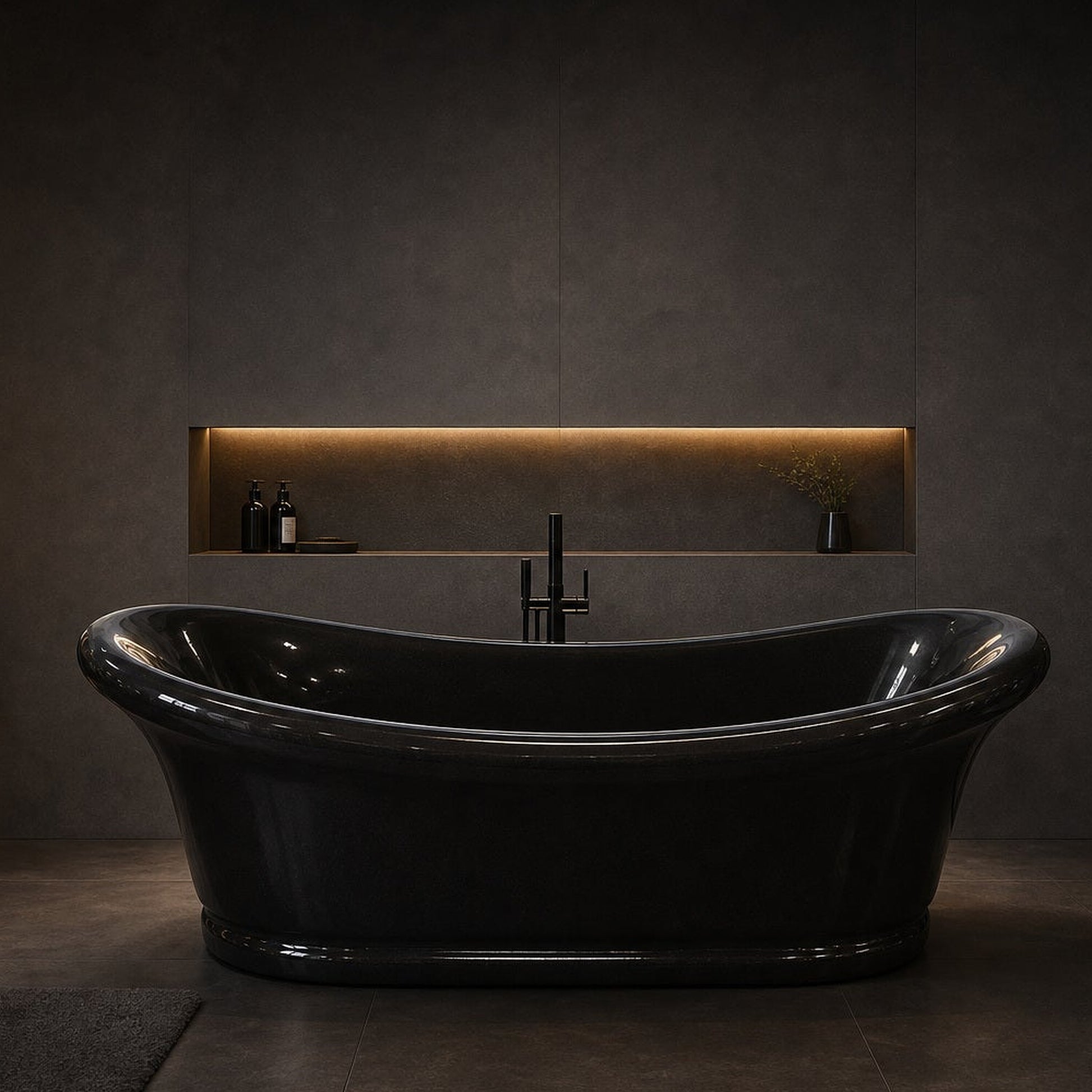 Vallora Absolute Black Granite freestanding soaking bathtub, luxury spa lifestyle view, cropped from original