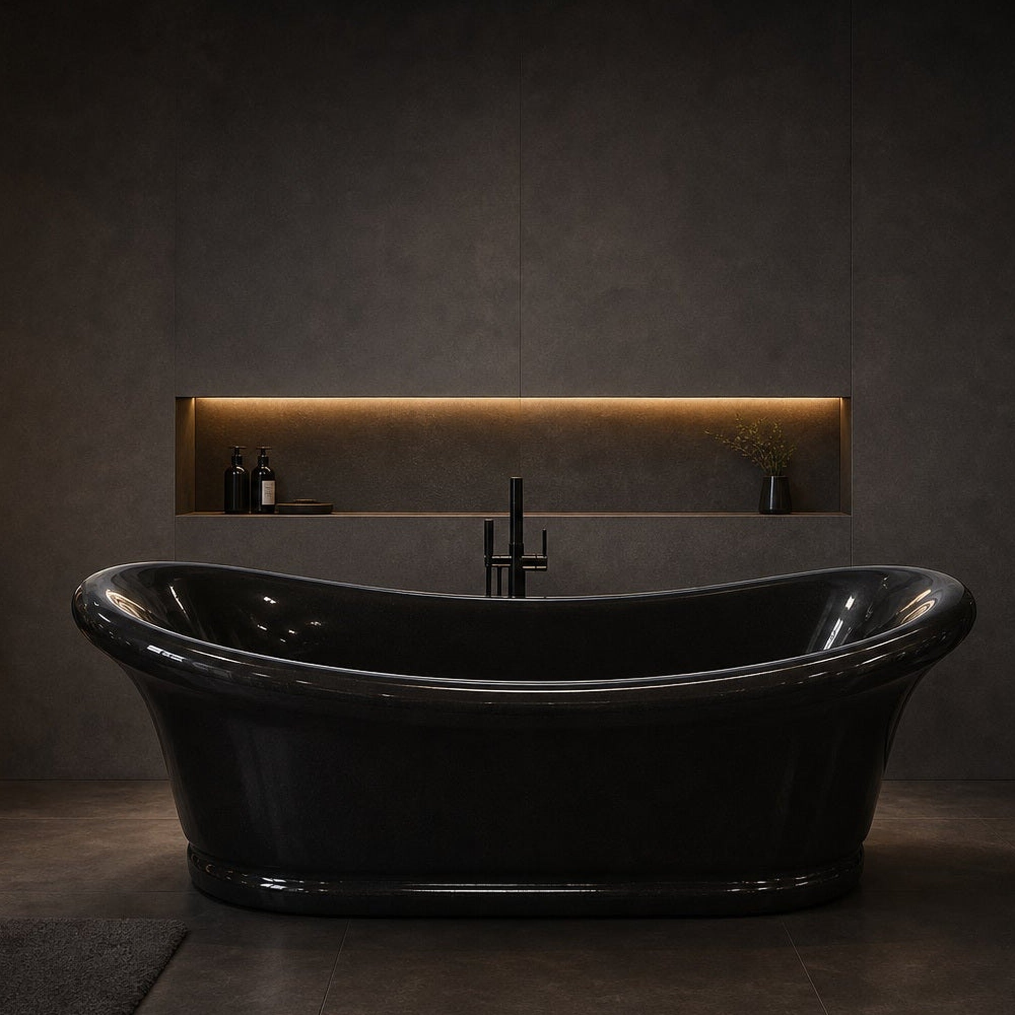 Vallora Absolute Black Granite freestanding soaking bathtub, luxury spa lifestyle view, cropped from original