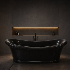 Vallora Absolute Black Granite freestanding soaking bathtub, luxury spa lifestyle view, cropped from original