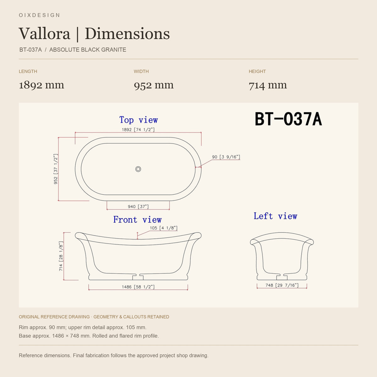 Vallora BT-037A Absolute Black Granite bathtub reference dimensions: 1892 mm × 952 mm × 714 mm, shown in a warm ivory technical layout