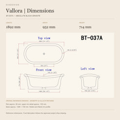 Vallora BT-037A Absolute Black Granite bathtub reference dimensions: 1892 mm × 952 mm × 714 mm, shown in a warm ivory technical layout