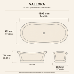 Vallora Freestanding Absolute Black Granite Soaking Bathtub reference dimension drawing with top, long-side and short-end views, measurements in millimetres and inches.