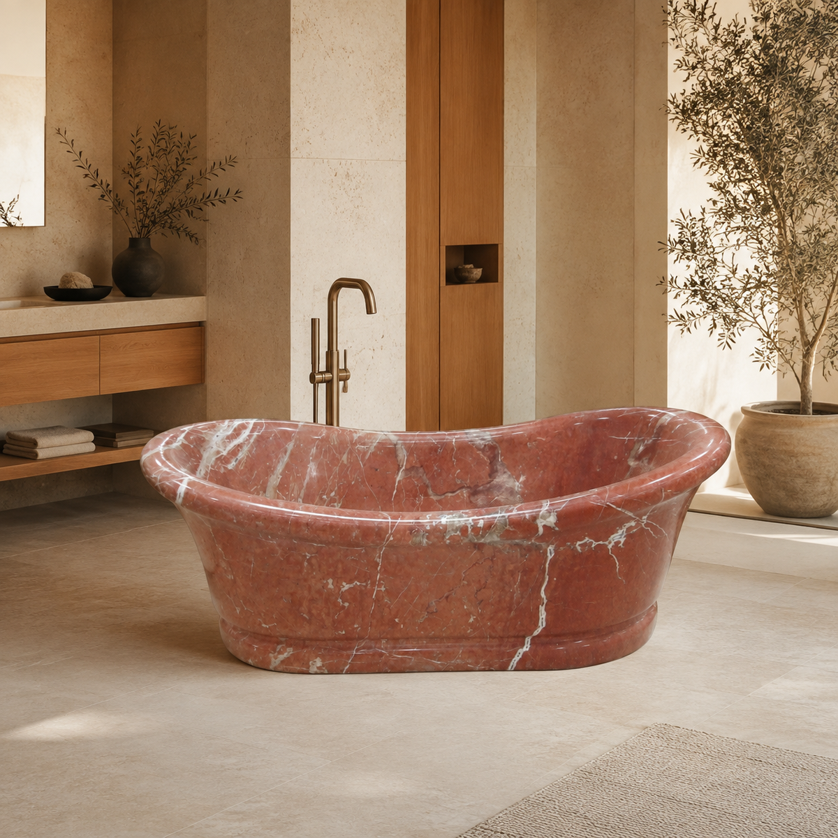 Vallora Freestanding Rojo Alicante Marble Soaking Bathtub in a warm ivory-limestone luxury bathroom; exact product geometry and material preserved