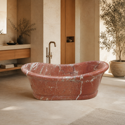 Vallora Freestanding Rojo Alicante Marble Soaking Bathtub in a warm ivory-limestone luxury bathroom; exact product geometry and material preserved