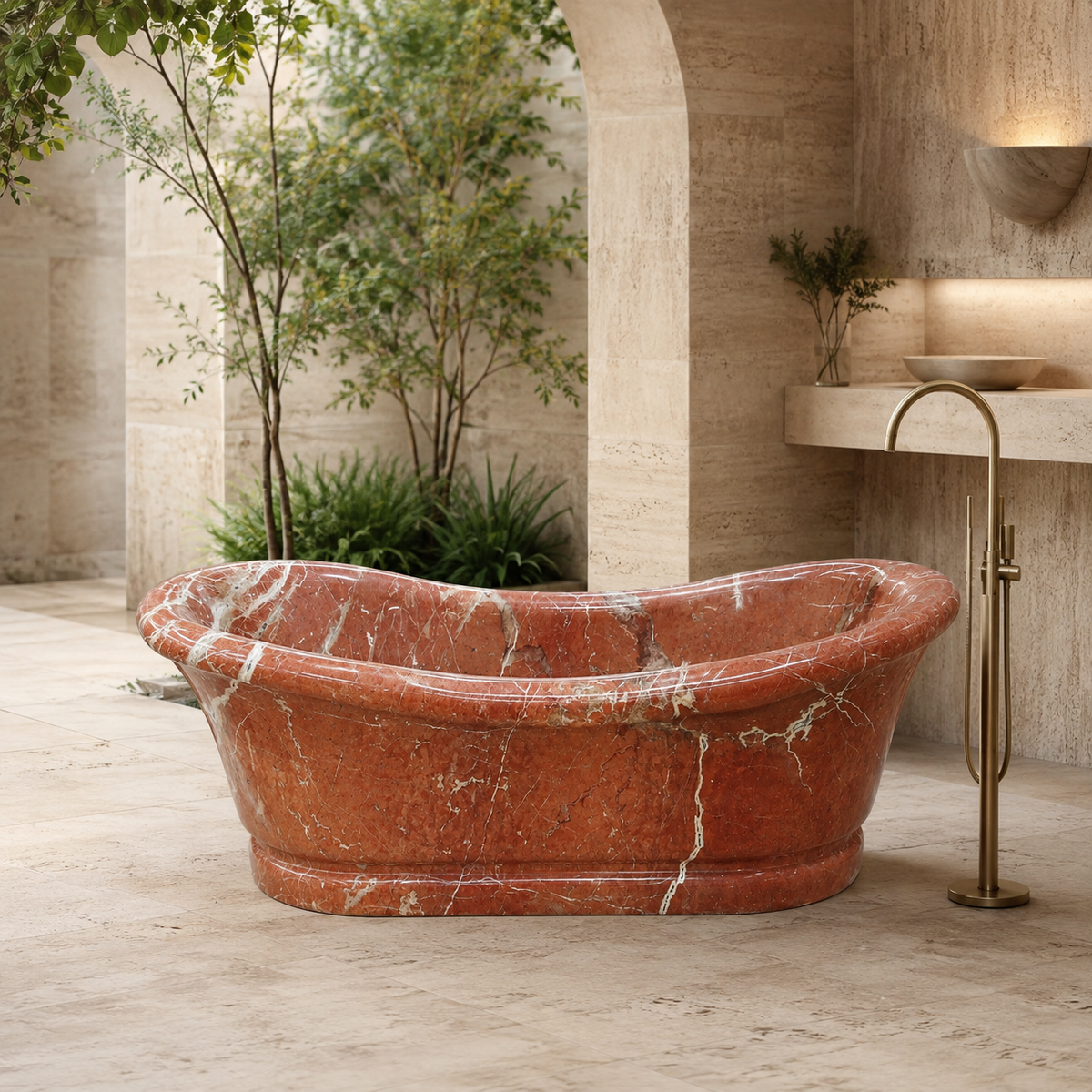 Vallora Freestanding Rojo Alicante Marble Soaking Bathtub in a bright serene courtyard spa bathroom; exact product geometry and material preserved