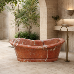Vallora Freestanding Rojo Alicante Marble Soaking Bathtub in a bright serene courtyard spa bathroom; exact product geometry and material preserved