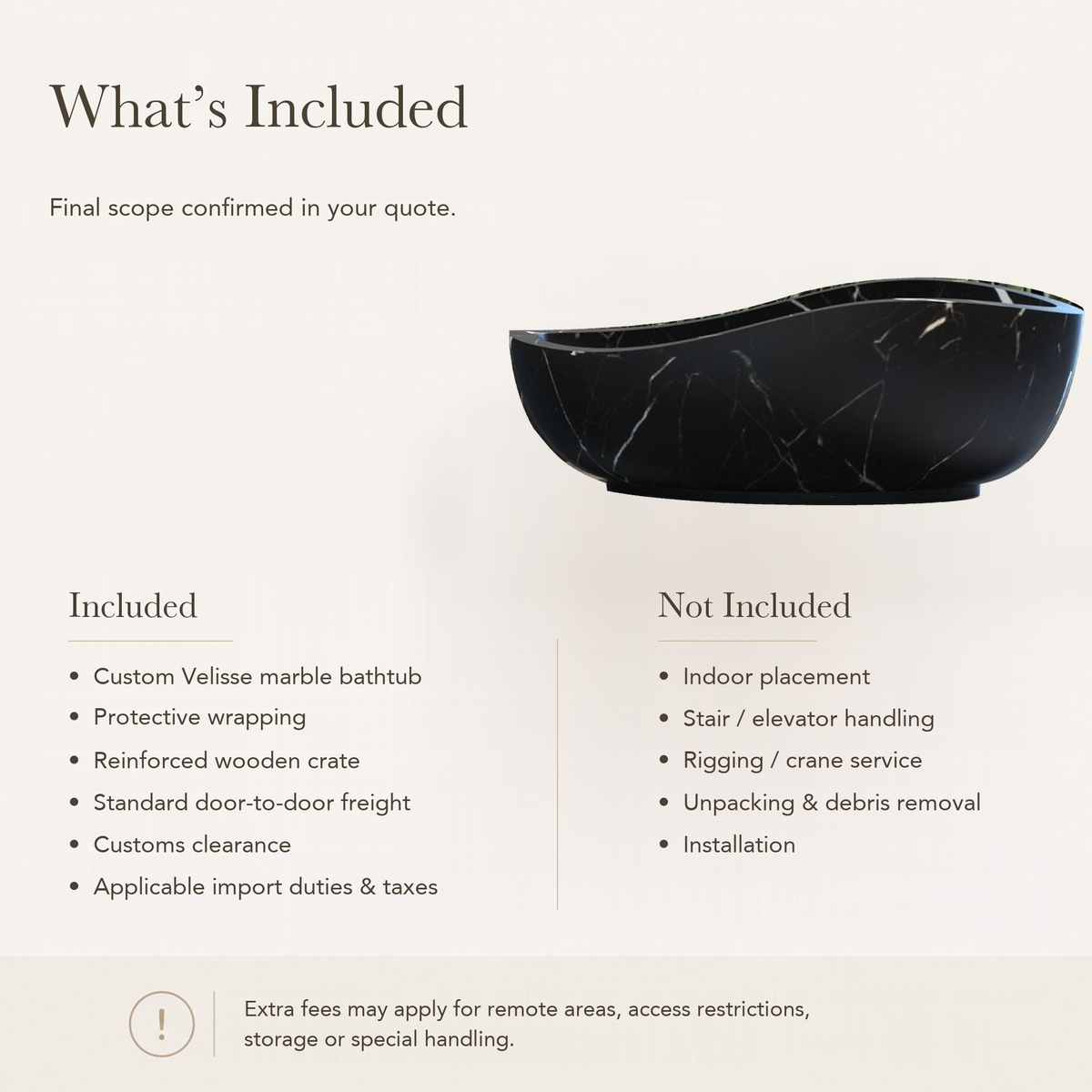 Velisse Deep Oval Freestanding Soaking Bathtub – Portoro Black Marble — What’s Included in the Reference Price.