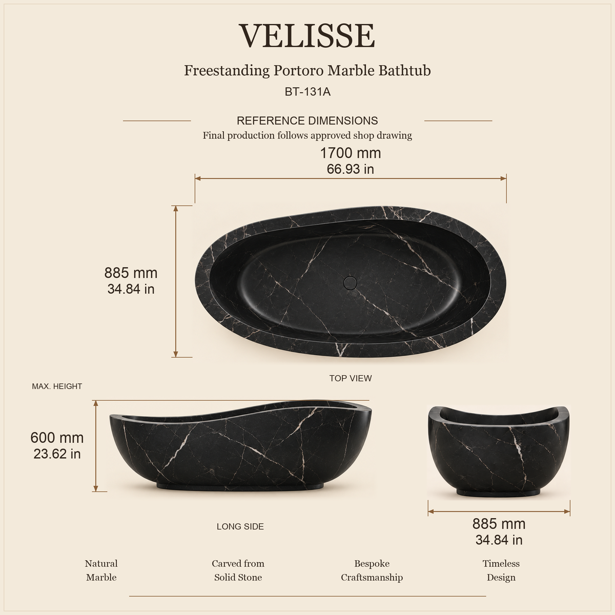 Velisse BT-131A Portoro Marble bathtub dimensions: 1700 x 885 x 600 mm (66.93 x 34.84 x 23.62 in), top, long side and end views.