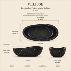 Velisse BT-131A Portoro Marble bathtub dimensions: 1700 x 885 x 600 mm (66.93 x 34.84 x 23.62 in), top, long side and end views.