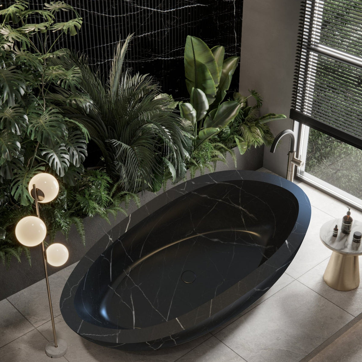 Velisse BT-131A Portoro Black Marble freestanding bathtub, full-frame design rendering hero view