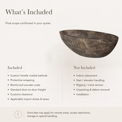 Verelle Sculptural Oval Freestanding Soaking Bathtub – Dark Emperador Marble — What’s Included in the Reference Price.