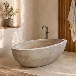 Verelle Sculptural Oval Freestanding Soaking Bathtub – Beige Marble in a warm ivory-limestone luxury bathroom; exact product geometry and material preserved