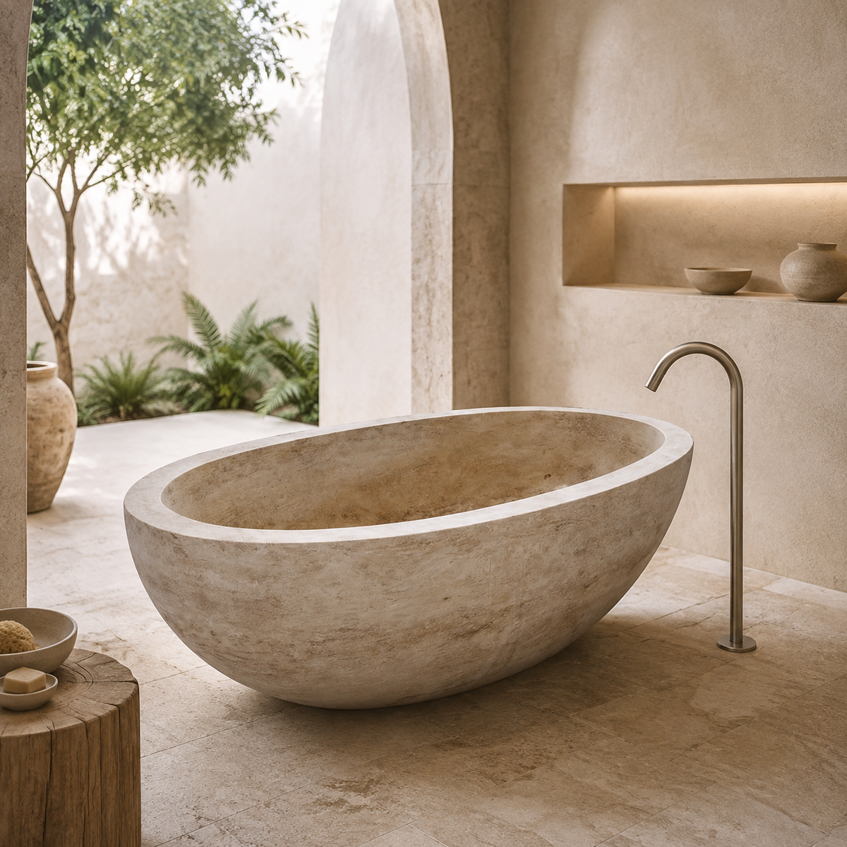 Verelle Sculptural Oval Freestanding Soaking Bathtub – Beige Marble in a bright serene courtyard spa bathroom; exact product geometry and material preserved