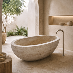 Verelle Sculptural Oval Freestanding Soaking Bathtub – Beige Marble in a bright serene courtyard spa bathroom; exact product geometry and material preserved