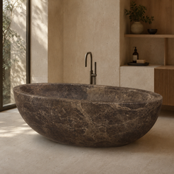 Verelle Sculptural Oval Freestanding Soaking Bathtub – Dark Emperador Marble in a warm ivory-limestone luxury bathroom; exact product geometry and material preserved