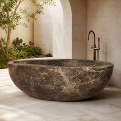 Verelle Sculptural Oval Freestanding Soaking Bathtub – Dark Emperador Marble in a bright serene courtyard spa bathroom; exact product geometry and material preserved