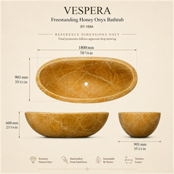Vespera Honey Onyx bathtub reference dimensions in millimeters and inches with BT-169A product drawing reference