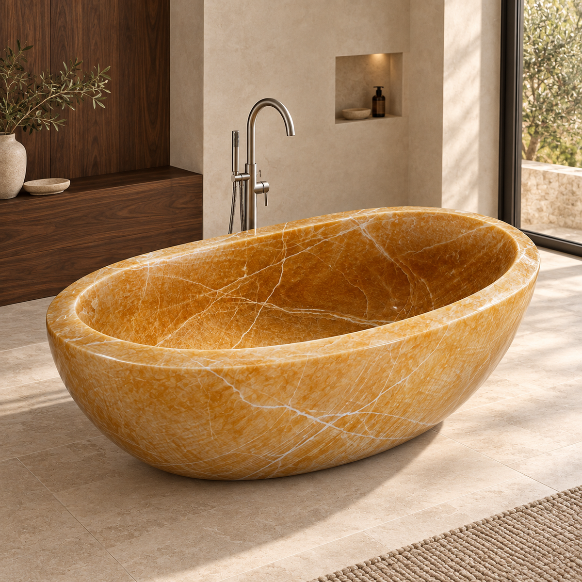 Vespera BT-169A symmetrical oval Honey Onyx bathtub in a walnut and stone bathroom, elevated oblique view — styled lifestyle visualization.