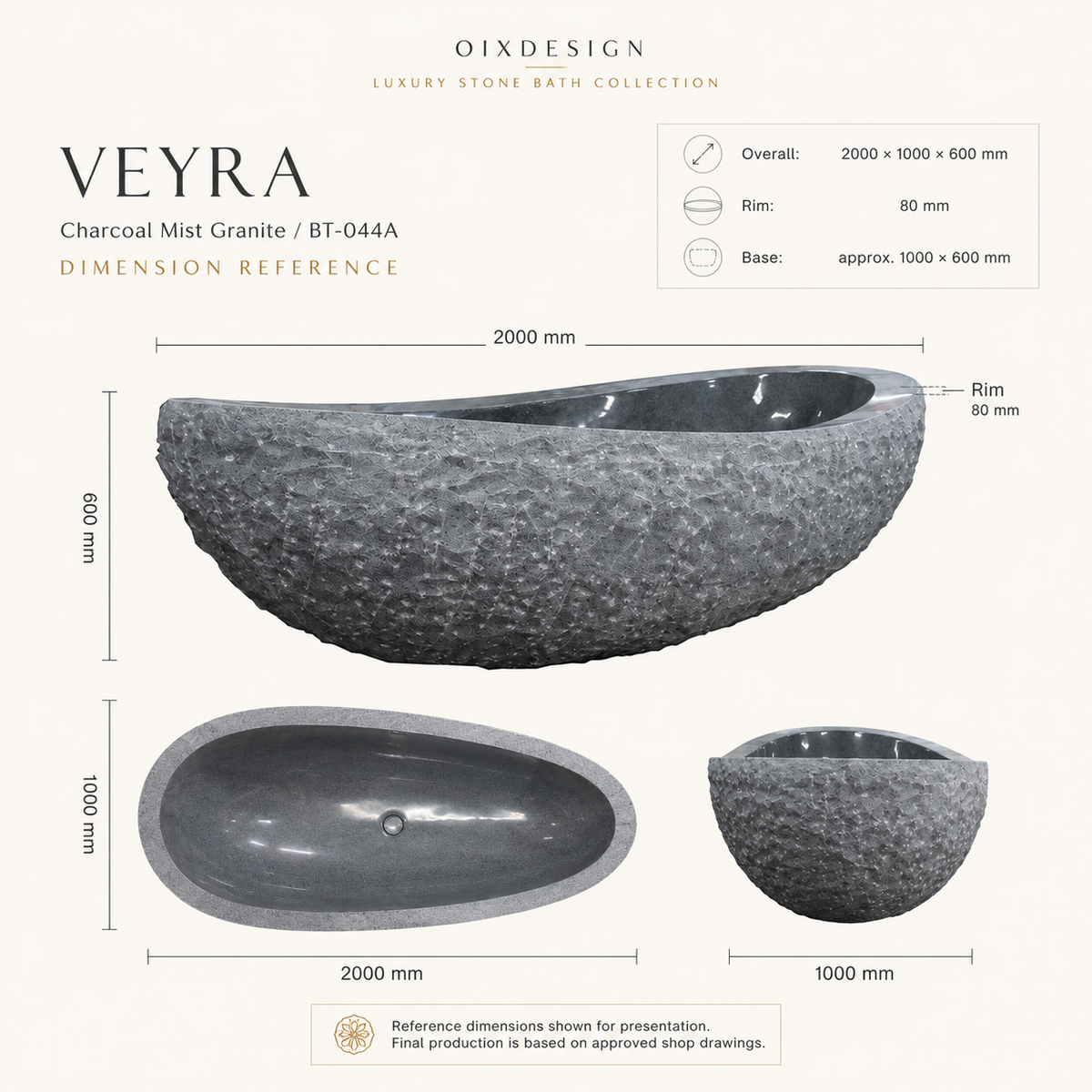 Veyra Charcoal Mist Granite bathtub dimensions 2000 x 1000 x 600 mm with top, front, and side views