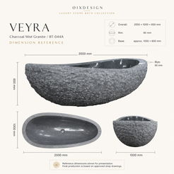 Veyra Charcoal Mist Granite bathtub dimensions 2000 x 1000 x 600 mm with top, front, and side views