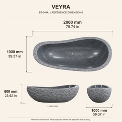 Veyra Freestanding Sculptural Charcoal Mist Granite Soaking Bathtub reference dimension drawing with top, long-side and short-end views, measurements in millimetres and inches.