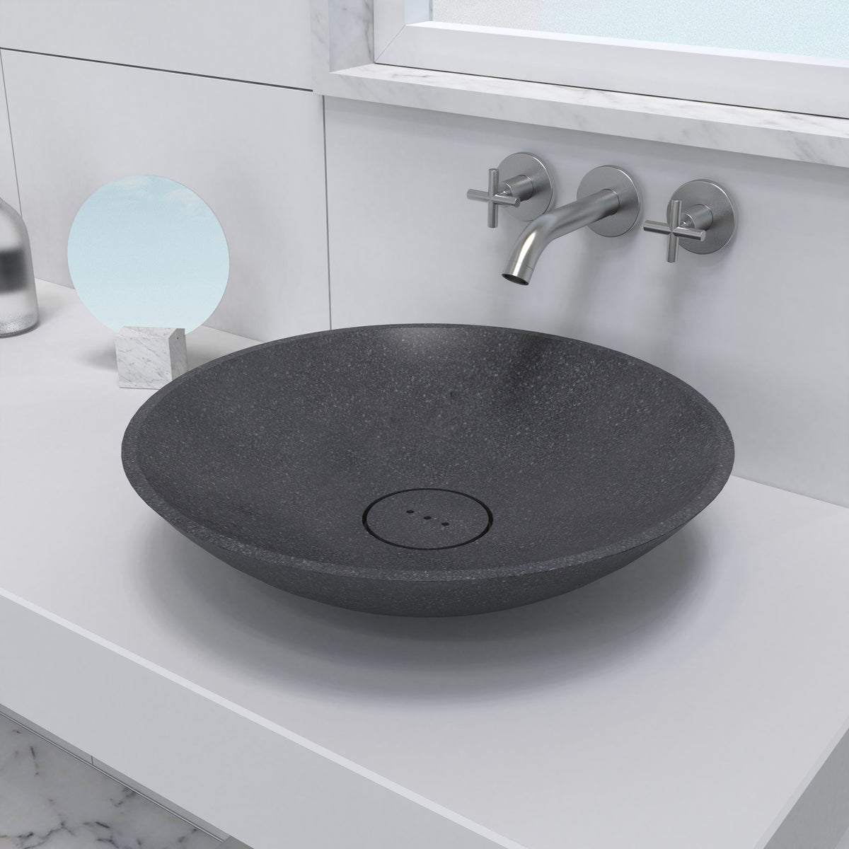 Vinita Neroco Stone Vessel Sink, countertop hero lifestyle view