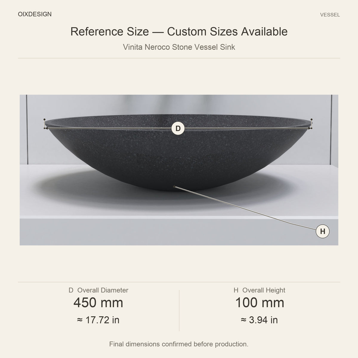 Vinita Neroco Stone Vessel Sink reference overall dimensions in millimeters and inches