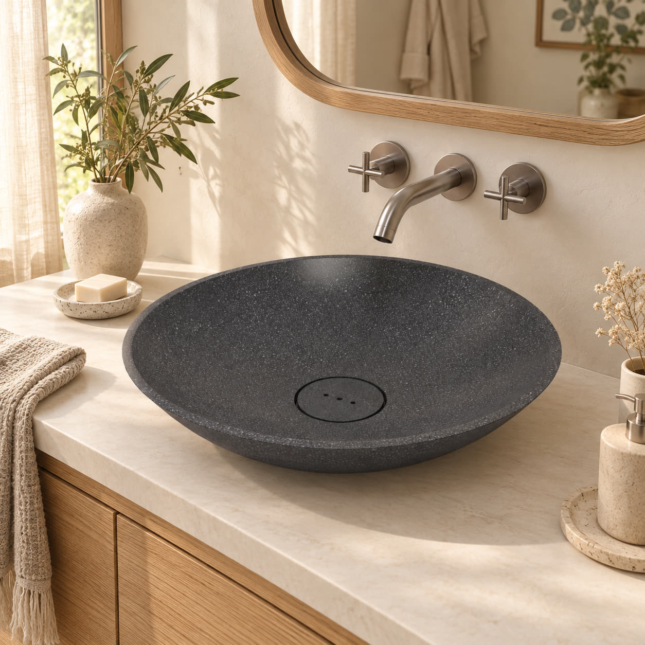 Vinita Neroco Stone shallow round vessel sink in a warm ivory and oak bathroom, with fine charcoal stone grain and a matching three-hole stone drain cover.