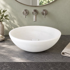 Vinko Angelo White Marble Vessel Sink — low frontal bathroom lifestyle