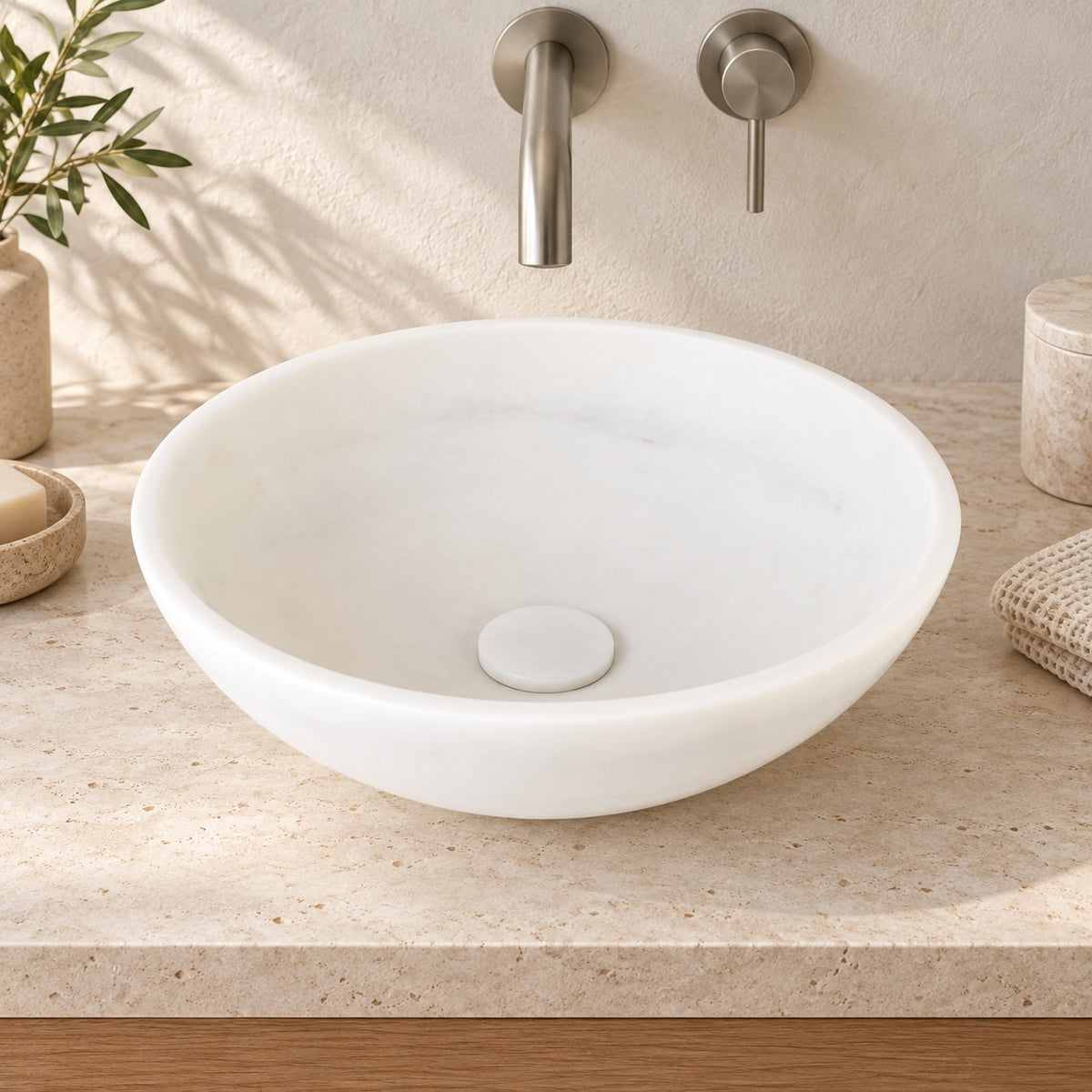 Vinko Angelo White Marble Vessel Sink, countertop hero lifestyle view