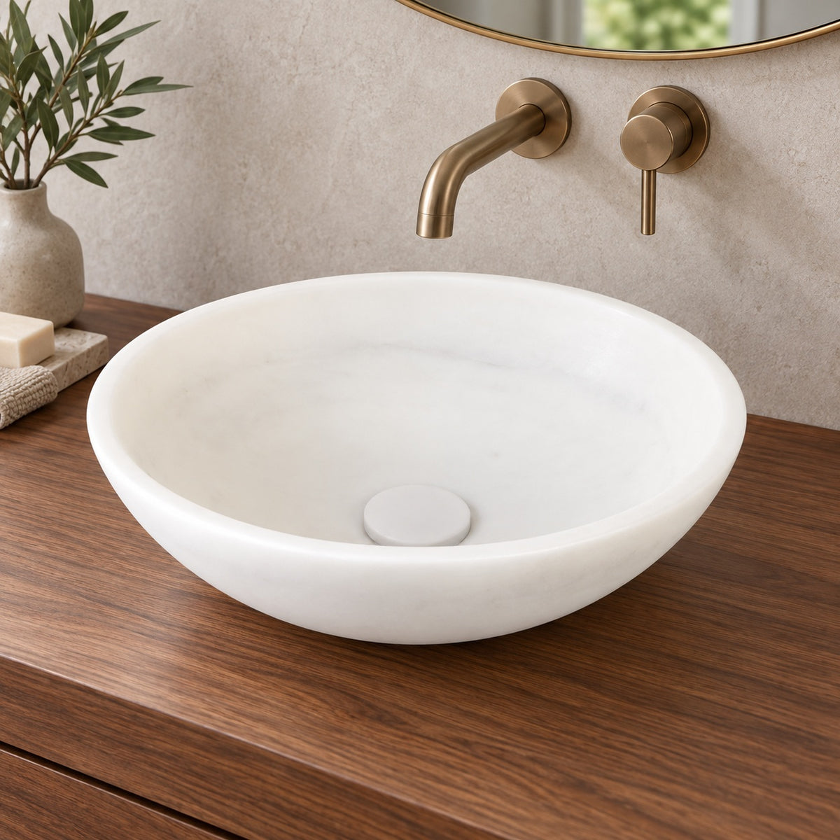 Vinko Angelo White Marble Vessel Sink, second countertop lifestyle setting