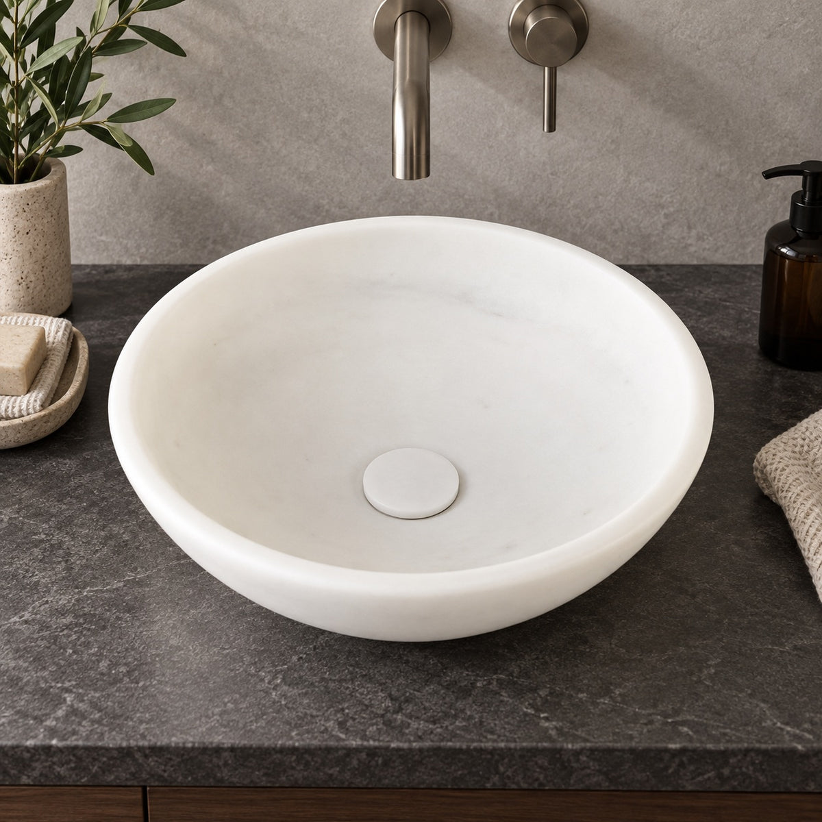 Vinko Angelo White Marble Vessel Sink, alternate countertop lifestyle angle