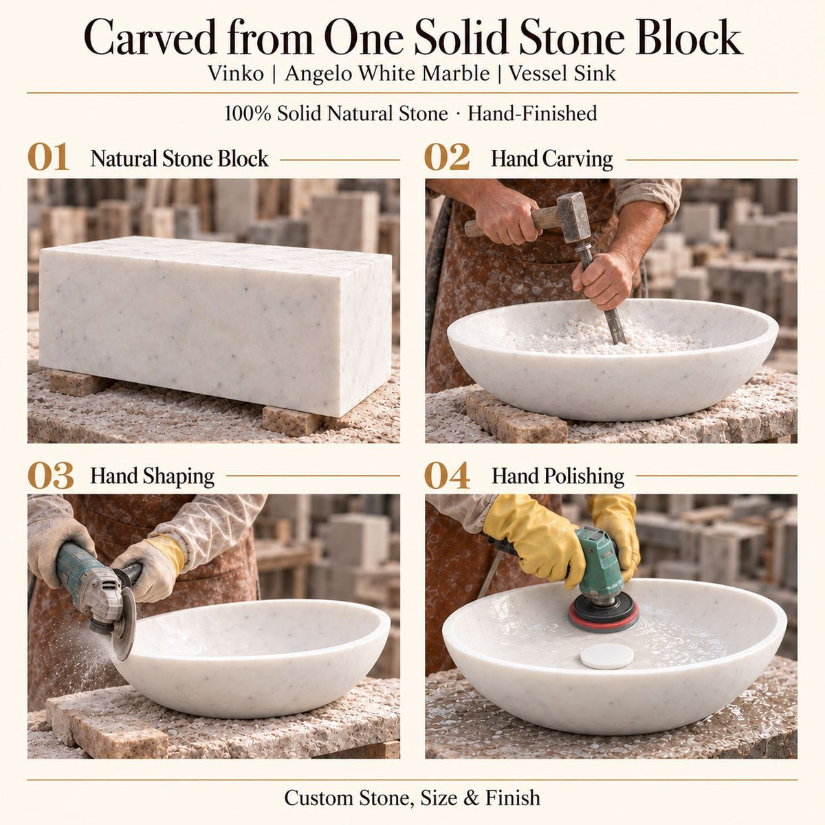 Vinko Angelo White Marble Vessel Sink carved from one solid stone block, showing manual hammer-and-chisel carving, hand shaping and hand polishing; custom stone, size and finish.