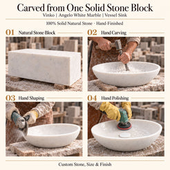 Vinko Angelo White Marble Vessel Sink carved from one solid stone block, showing manual hammer-and-chisel carving, hand shaping and hand polishing; custom stone, size and finish.