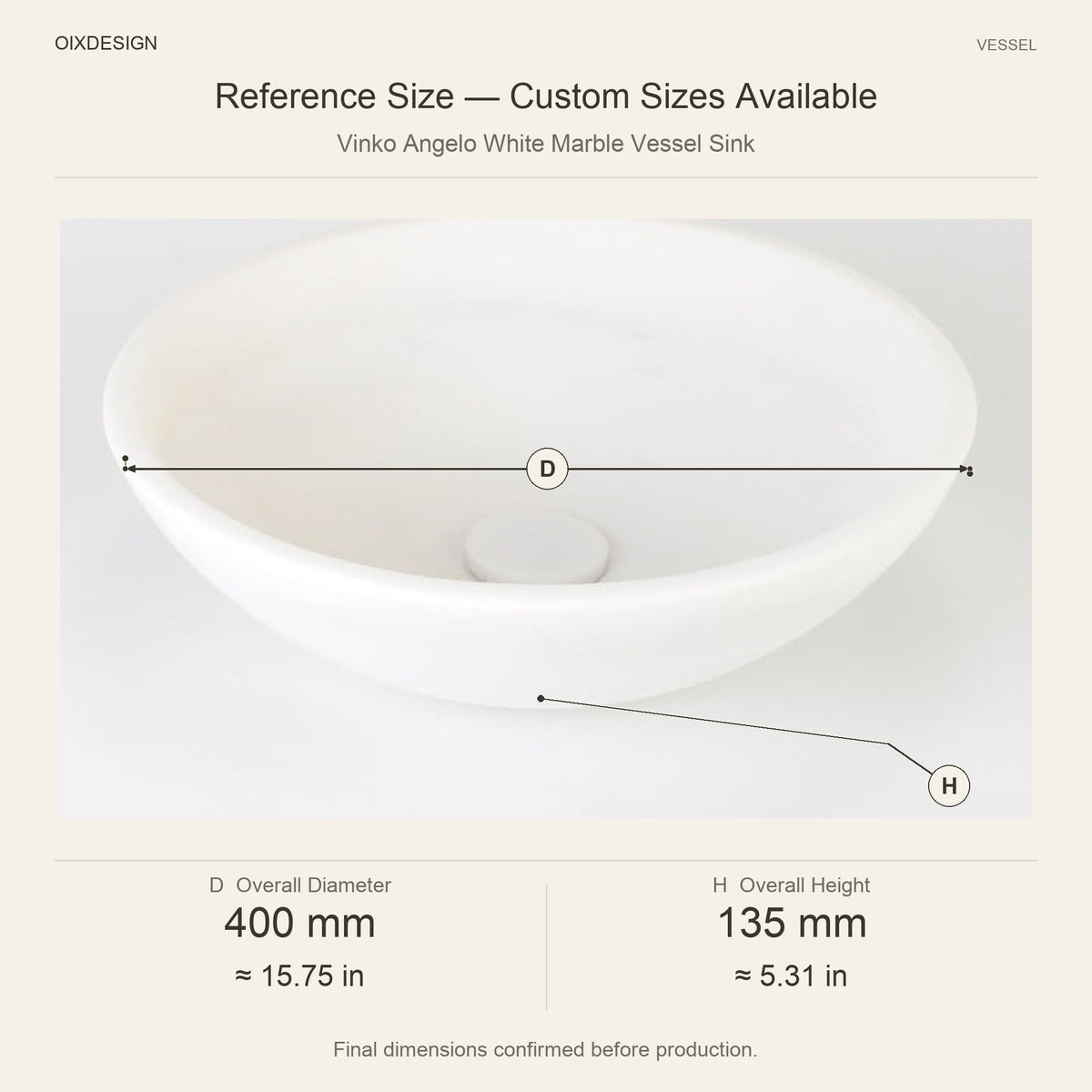 Vinko Angelo White Marble Vessel Sink reference overall dimensions in millimeters and inches