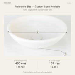 Vinko Angelo White Marble Vessel Sink reference overall dimensions in millimeters and inches