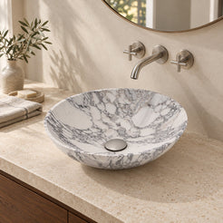 Vinko Arabescato Stone Vessel Sink — three-quarter bathroom lifestyle