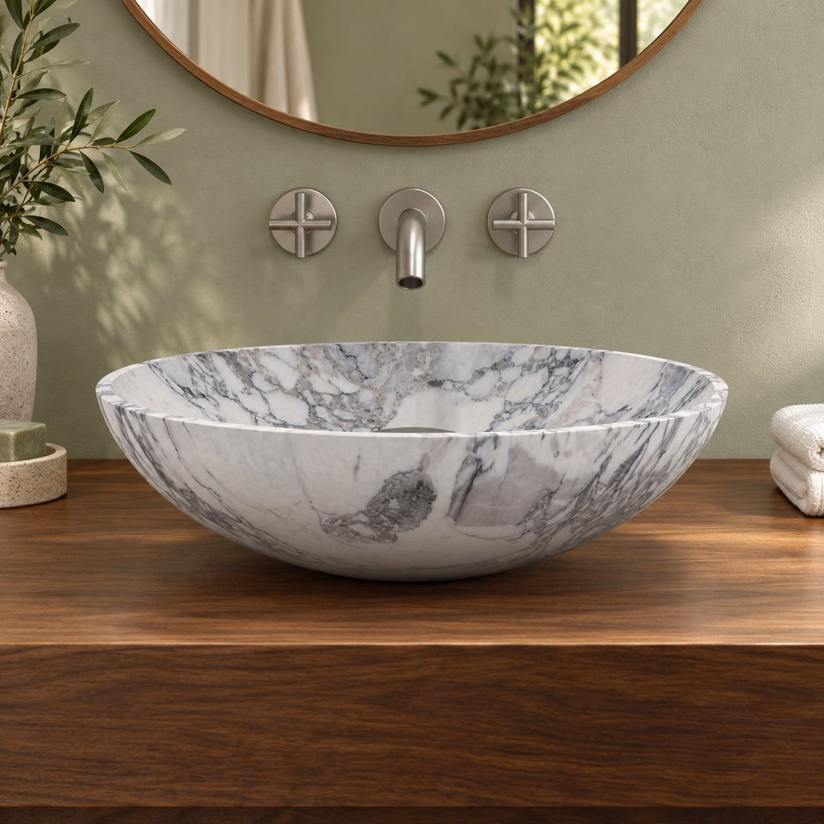 Vinko Arabescato Stone Vessel Sink — low frontal bathroom lifestyle