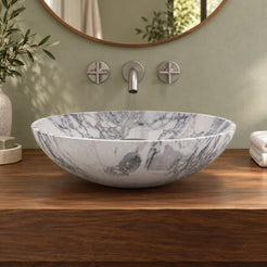 Vinko Arabescato Stone Vessel Sink — low frontal bathroom lifestyle