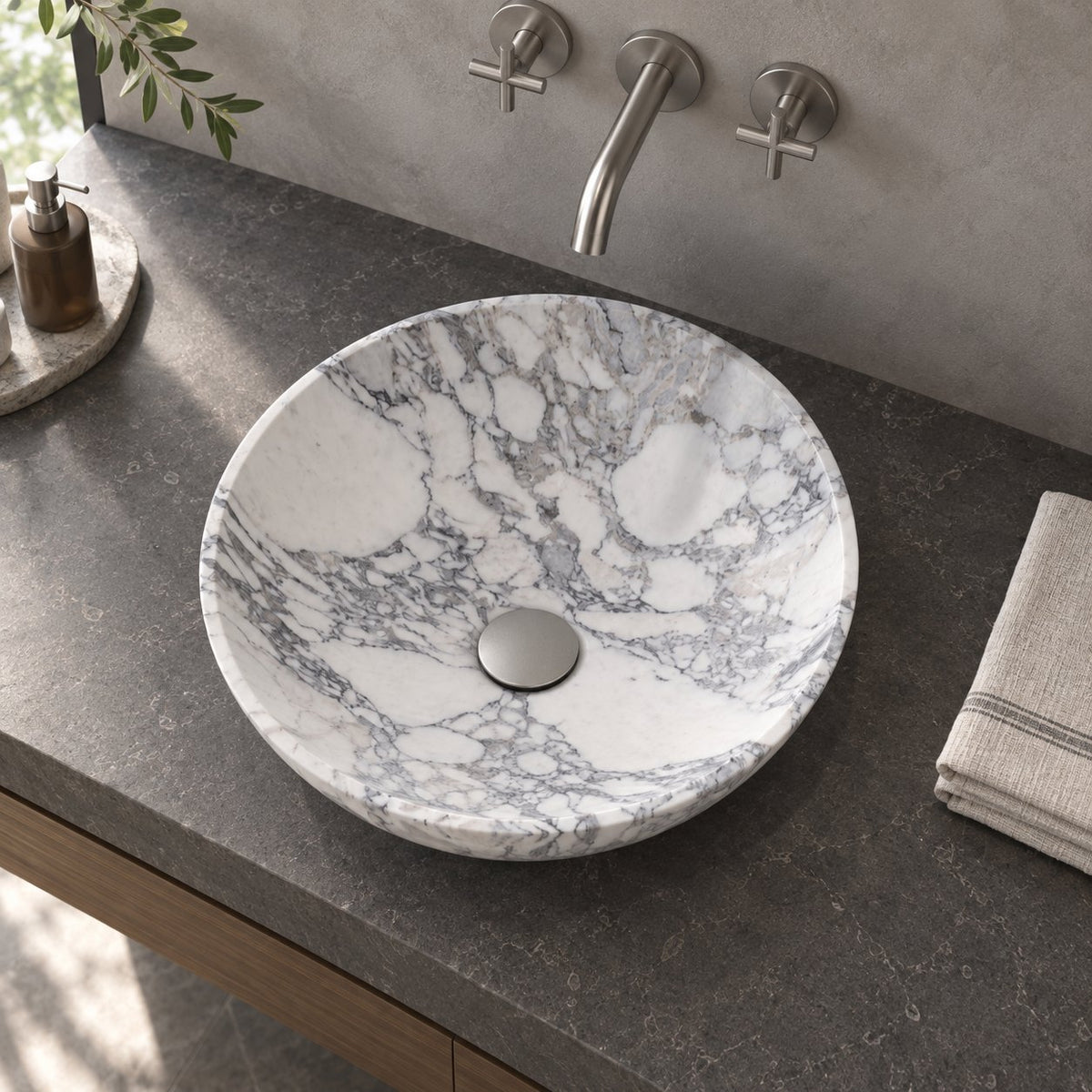 Vinko Arabescato Stone Vessel Sink — overhead bathroom lifestyle