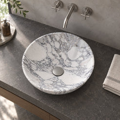 Vinko Arabescato Stone Vessel Sink — overhead bathroom lifestyle