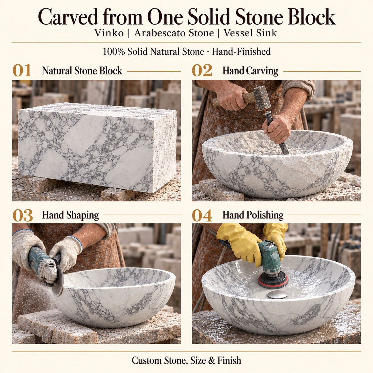 Vinko Arabescato Stone Vessel Sink carved from one solid stone block, showing manual hammer-and-chisel carving, hand shaping and hand polishing; custom stone, size and finish.