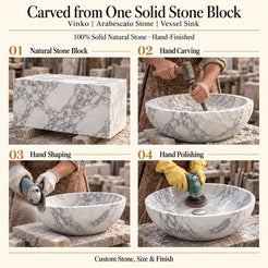 Vinko Arabescato Stone Vessel Sink carved from one solid stone block, showing manual hammer-and-chisel carving, hand shaping and hand polishing; custom stone, size and finish.