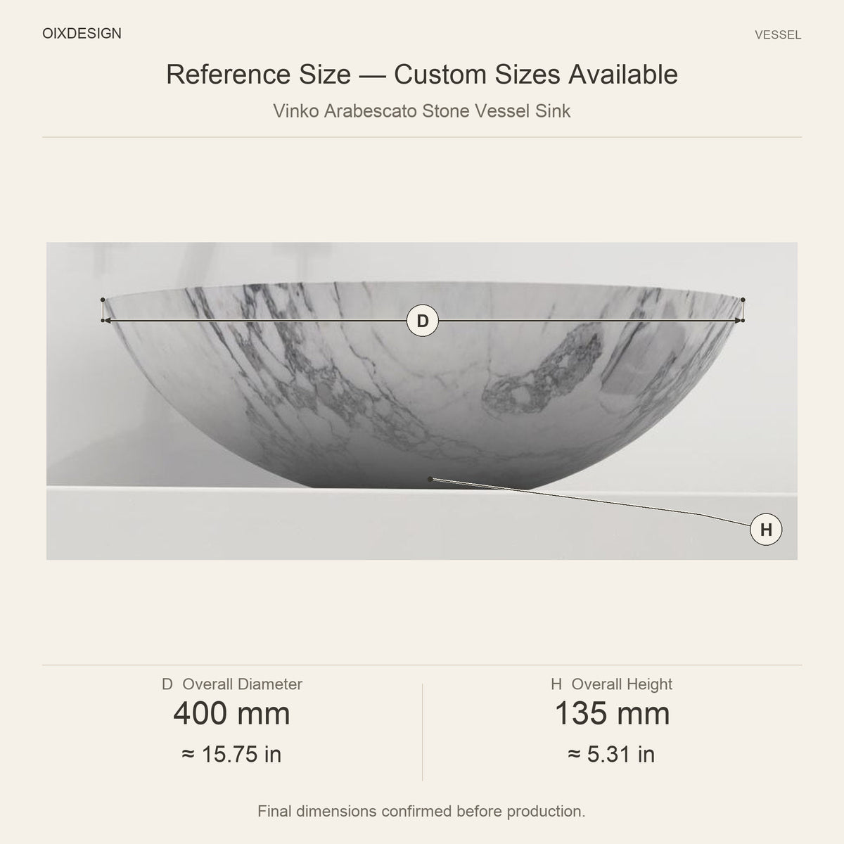 Vinko Arabescato Stone Vessel Sink reference overall dimensions in millimeters and inches