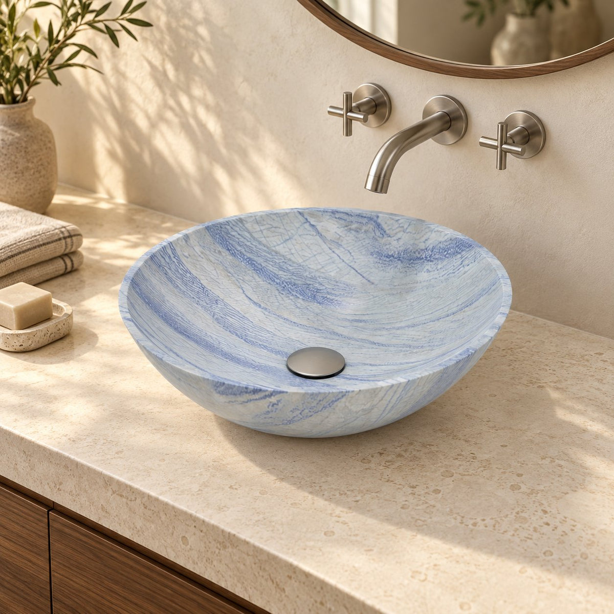 Vinko Azura Blue Quartzite Vessel Sink — three-quarter bathroom lifestyle