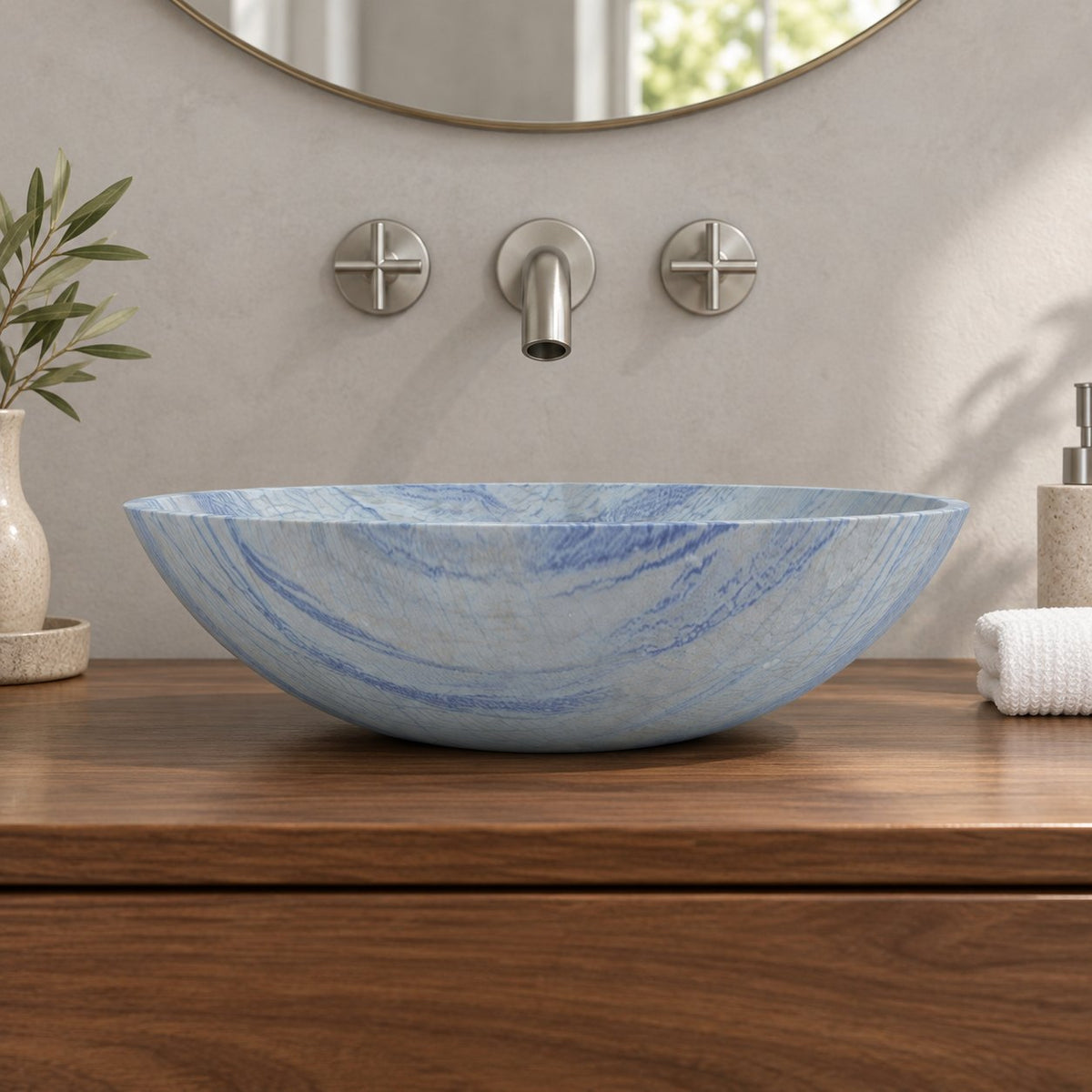 Vinko Azura Blue Quartzite Vessel Sink — low frontal bathroom lifestyle